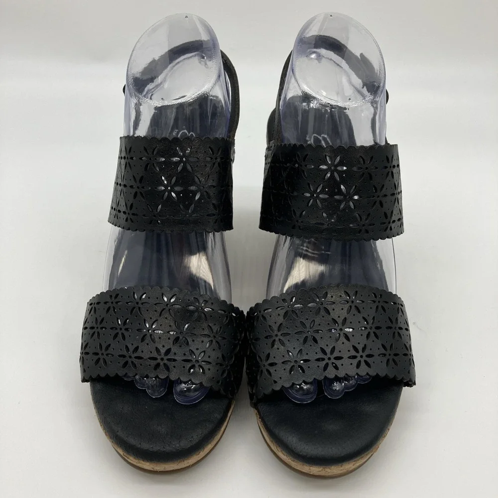 Walking Cradles Sandals 9 W Black Leather Cork Wedge Slingback Shoes Ankle Strap